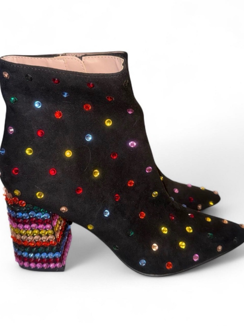 Betsey Johnson Black Suede Ankle Boots with Multicolor Rhinestones - Picture 3 of 5